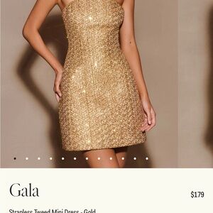 Meshki Gold Strapless Tweed Dress